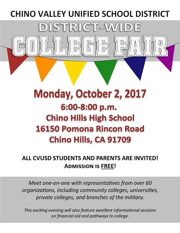 Flier for District Wide College Fair on Oct. 2 at Chino Hills High